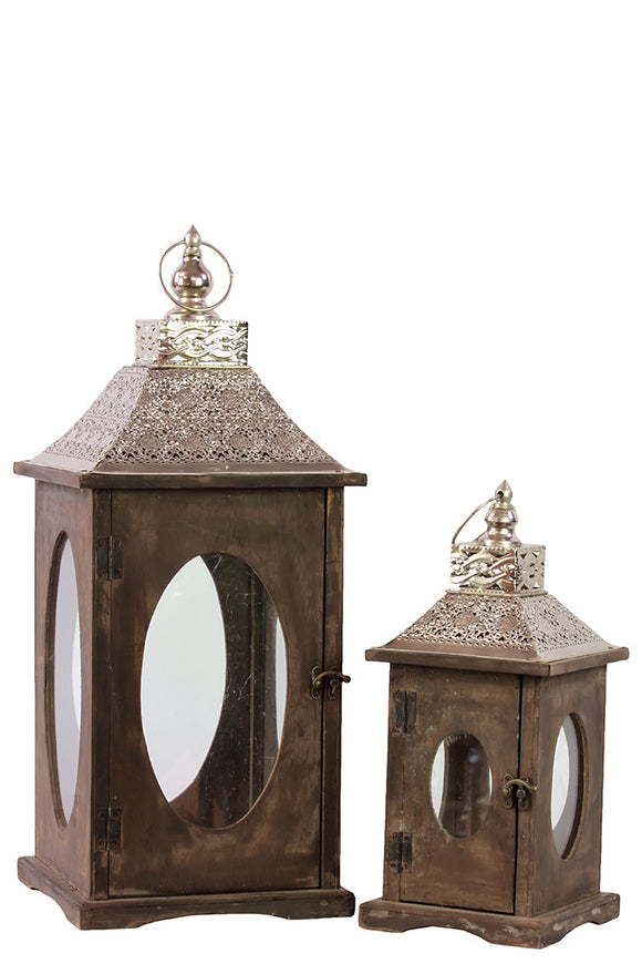 Rustic Wooden Lantern Set of Two with Oval Shaped Glass panel and Metallic Roof in Brown