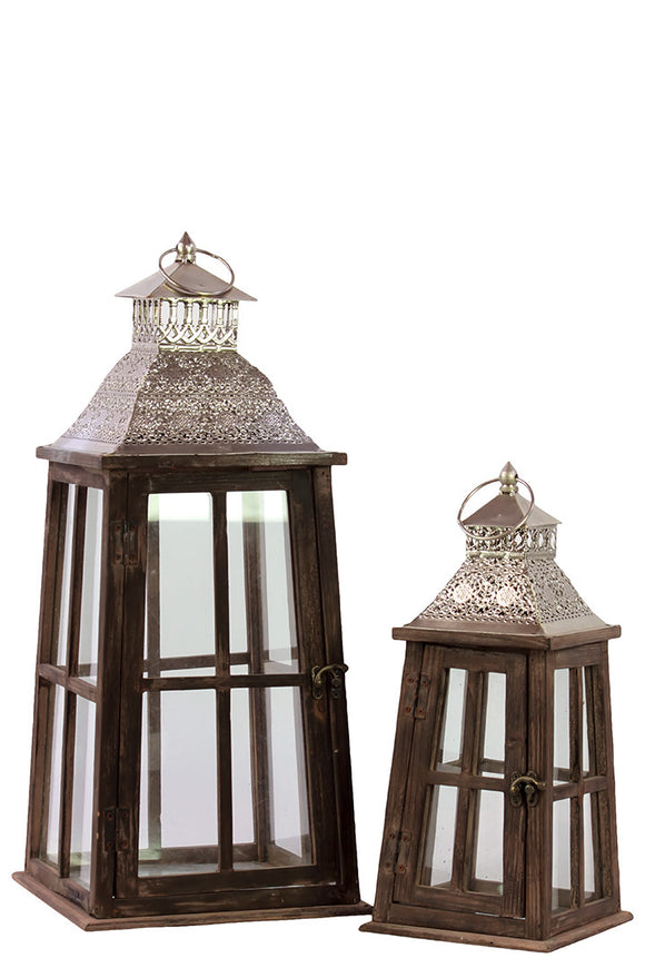 Rustic Glass Paneled Wooden Lantern with Cross Design and Metal Roof Set of Two in Brown