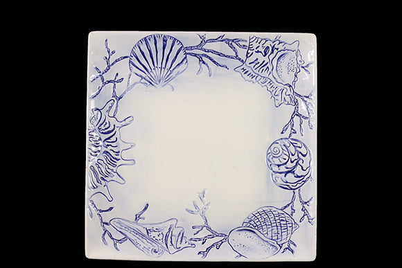 Exquisite Square Shaped Ceramic Coastal Tray with Seashell Design