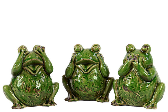 Fascinating Set of Three Unique Ceramic Green Frogs