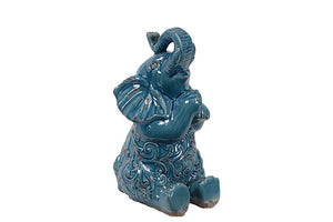 Ceramic Baby Elephant Blowing Trumpet Large (Turquoise)