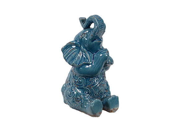 Ceramic Baby Elephant Blowing Trumpet Large (Turquoise)