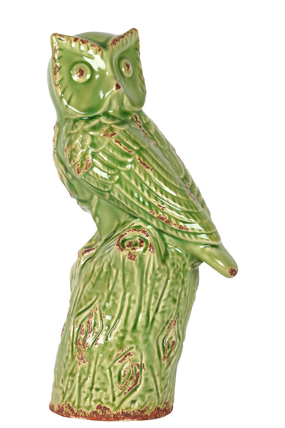 Ceramic Majestic Hooting Owl on a Tree Trunk Large (Green)