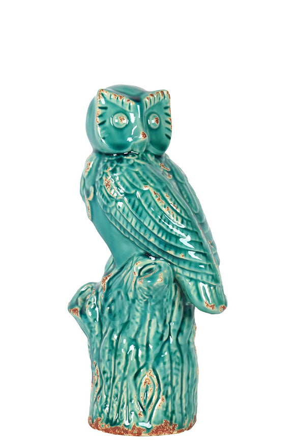 Ceramic Majestic Hooting Owl on a Tree Trunk Small (Blue)