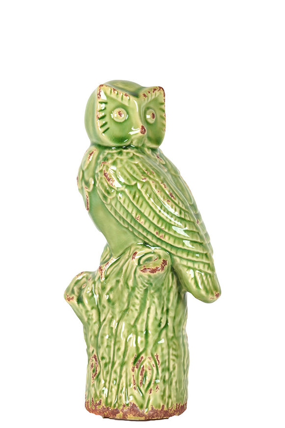 Ceramic Majestic Hooting Owl on a Tree Trunk Small (Green)