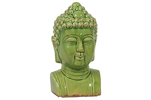 Elegantly Sculpted Spiritual Ceramic Buddha Bust in Antique Green