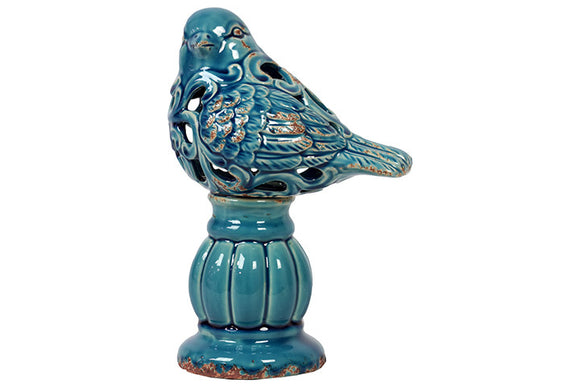 Exquisite and Beautifully Carved Ceramic Bird on Stand (Antique Blue)