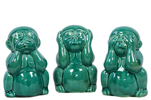 Ceramic Elephant Set Depicting The Three Mystic Apes (Turquoise)