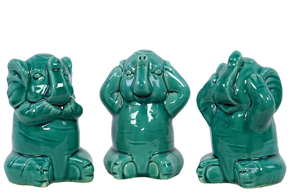 Beautifully Designed Set of Three Glossy Ceramic Elephant Turquoise