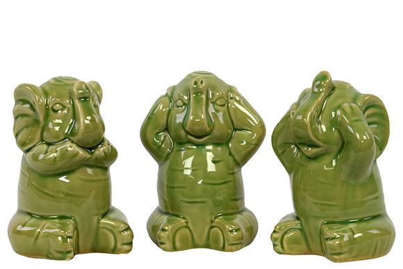 Ceramic Elephant Set Depicting The Three Mystic Apes (Green)