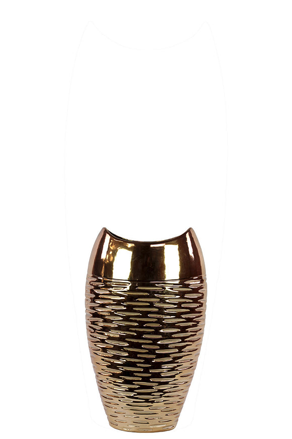 Wide Mouthed Ceramic Vase with Gold Neck and Sculpted Body