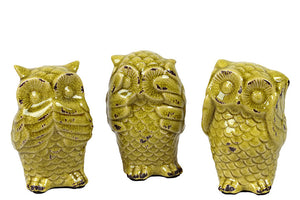 Ceramic Owl Set of Three Antique Depicting the Three Mystic Apes (Green)