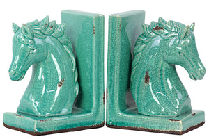 Stoneware Horse Bookend with Weathered Effects in Light Blue Shade