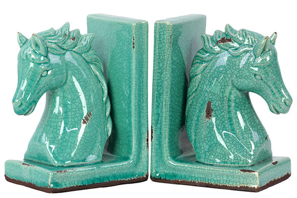 Stoneware Horse Bookend with Weathered Effects in Light Blue Shade