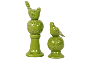 Stoneware Birds Perched Atop BallShaped Columns Set of Two (Green)