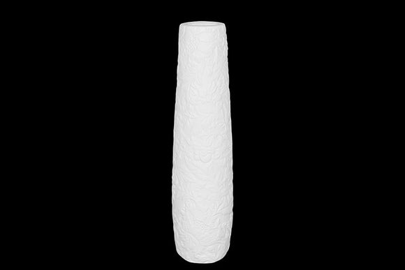 Convex Shaped Ceramic Vase Featuring Embossed Design in White (Large)