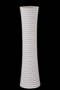 Elegant Ceramic Vase With Bud Shaped Wide Mouth and Hour Glass Body Featuring Etched Lines In White (Large)