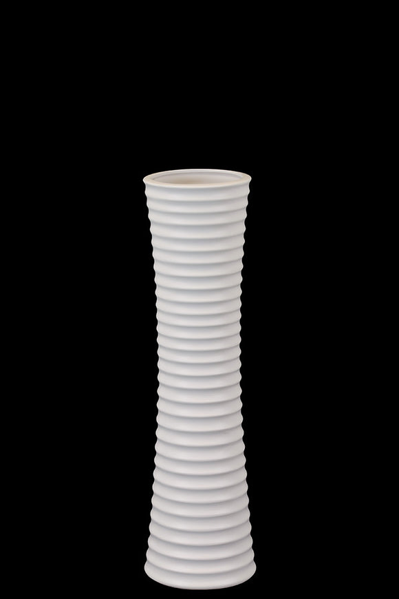 Elegant Ceramic Vase With Bud Shaped Wide Mouth and Hour Glass Body Featuring Etched Lines In White (Medium)