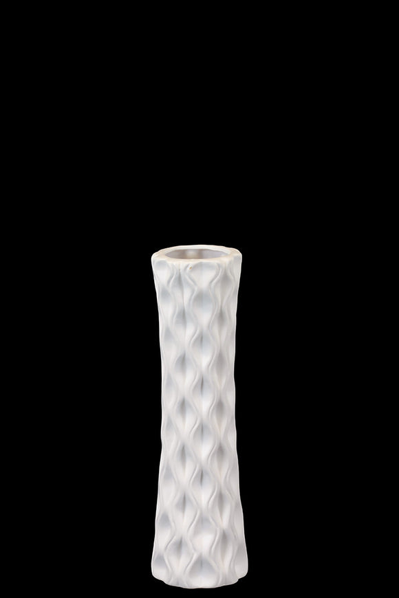 Ceramic Vase With Hour Glass Shape Featuring Embossed Designs in White (Small)