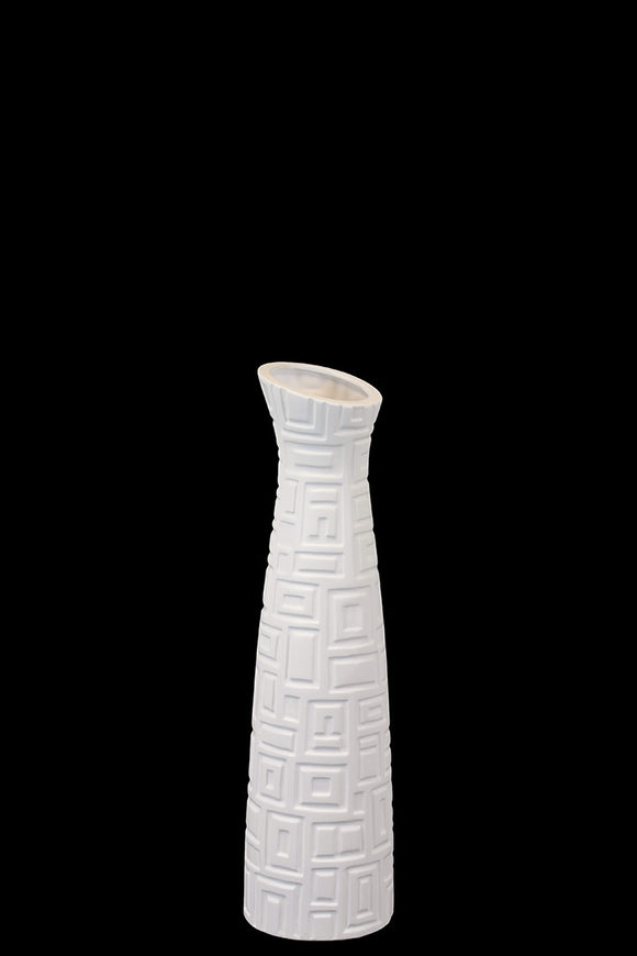 Elegant Ceramic Vase With Bud Shaped Open Mouth and Sleek Oval Body Featuring Etched Lines in White (Small)