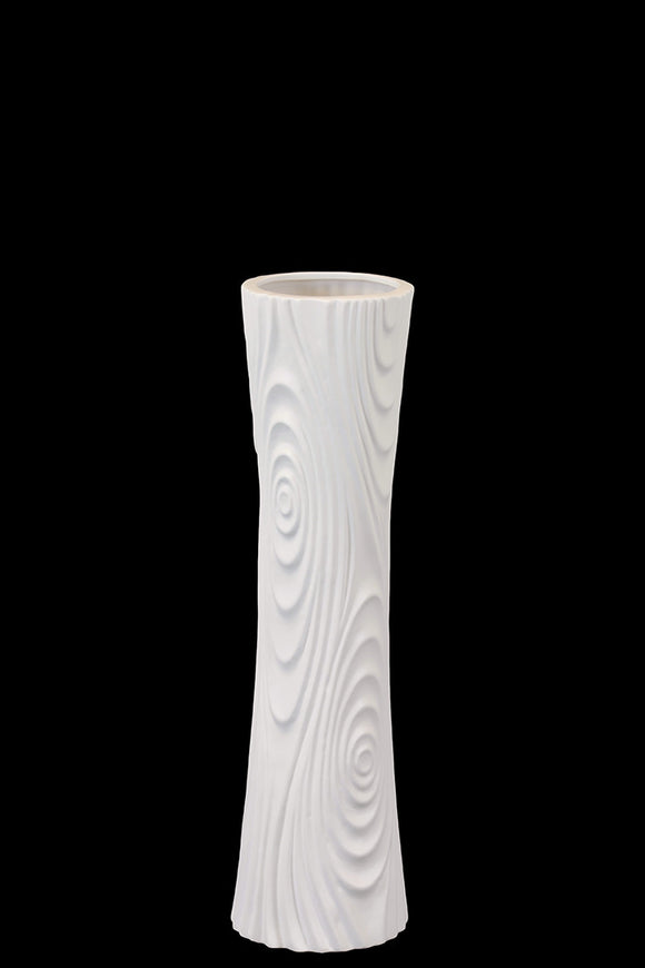 Hour Glass Shaped Ceramic Vase With Embossed Designs in White (Medium)