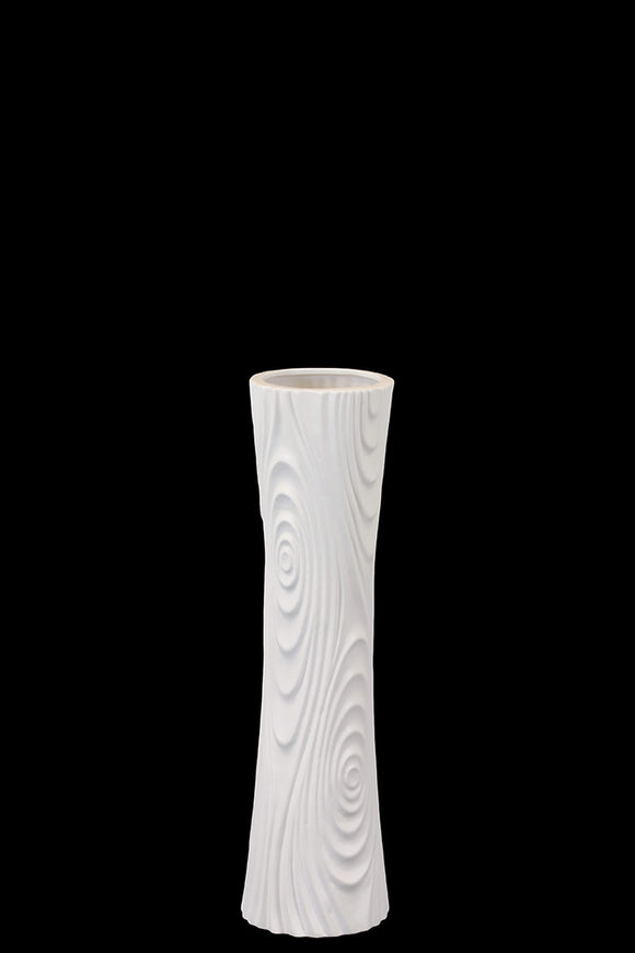 Hour Glass Shaped Ceramic Vase With Embossed Designs in White (Small)