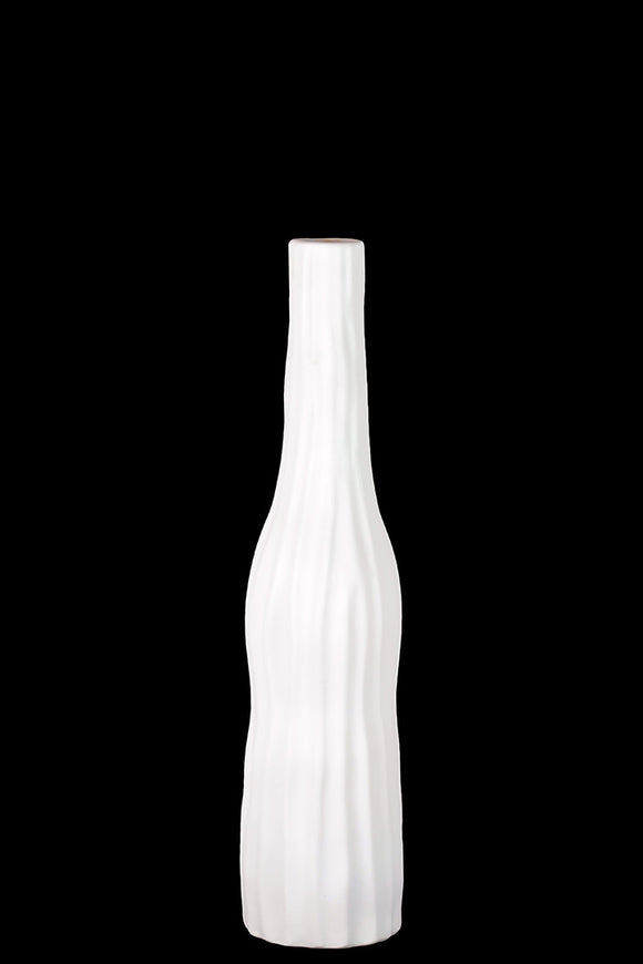 Bottle Shaped Ceramic Vase With Embossed Lines in White (Medium)