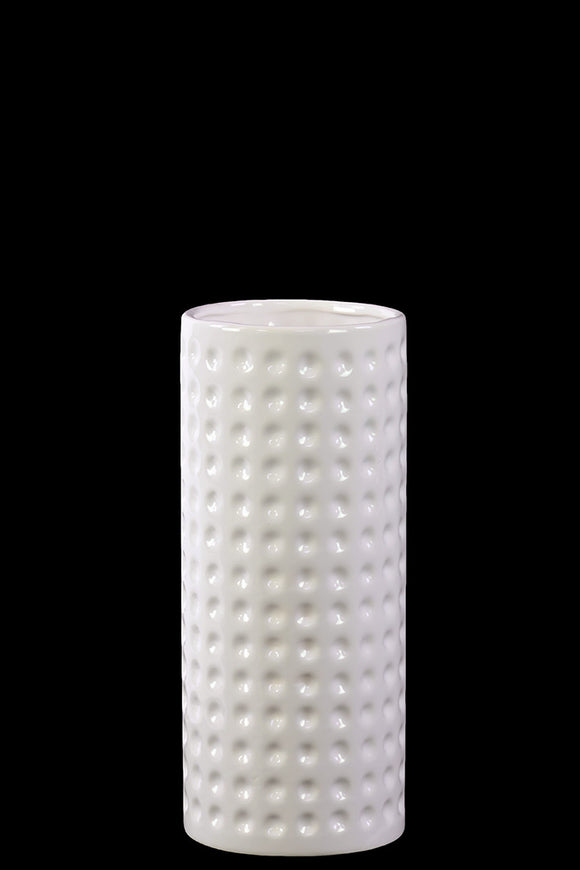 Cylindrical Shaped Ceramic Vase With Hammered Design in White