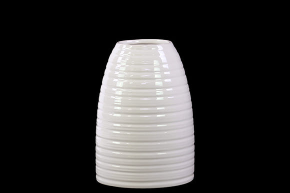 Dome Shaped Ceramic Vase With Etched Lines Design in White (Small)