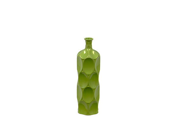 Unique Ceramic Bottle With Thin Mouth and Circular Embedded Design Body in Green (Small)