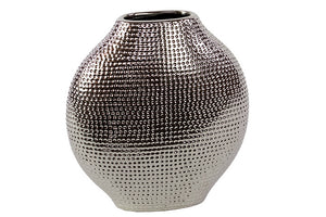 Flattened Circular Shaped Ceramic Vase with Hammered Design (Silver)