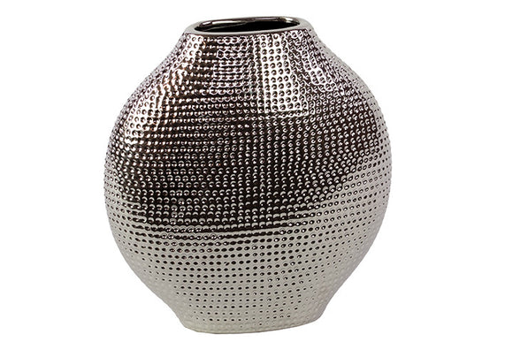 Flattened Circular Shaped Ceramic Vase with Hammered Design (Silver)