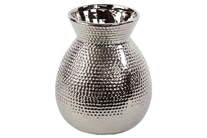 Broad and Beveled Neck Ceramic Vase with Hammered Design in Silver