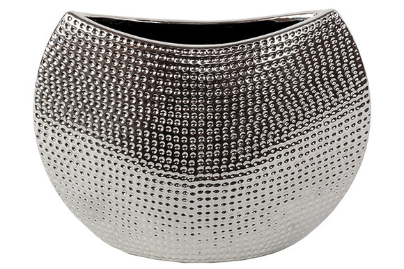 Stylish and Modern Ceramic Vase with Crescent Shape Neck in Hammered Finish (Silver)