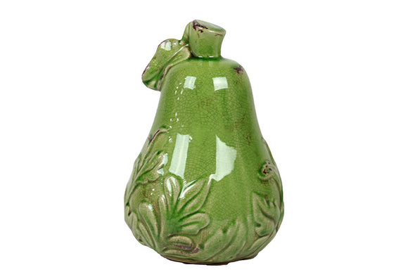 Antique Style Ceramic Pear With Intricate Designs in Antique Green