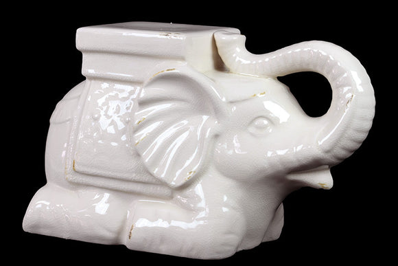 Trumpeting Ceramic Elephant With Detailed Mount (Antique White)