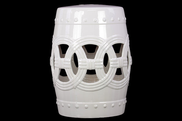 Elegant Drum Shaped Ceramic Garden Stool With Open Circle Design (White)