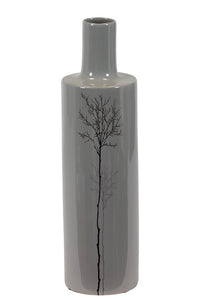 Enigmatic Bottle Shaped Ceramic Vase in Shinny Grey With Blossoming Branch Engraving (Large)