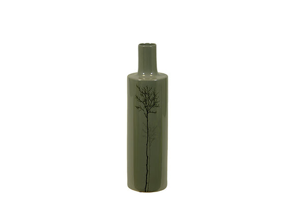 Enigmatic Bottle Shaped Ceramic Vase in Shinny Grey With Blossoming Branch Engraving (Small)