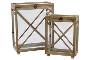 Square Shaped Contemporary Style Wooden Lanterns Set of Two