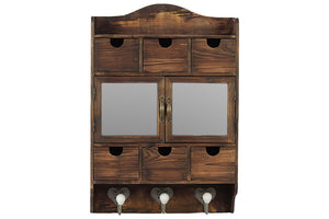 Wooden Cabinet with Dark Brown Color and Hooks at the Bottom