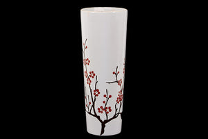 Cylindrical Shaped Ceramic Vase White with Wide Mouth and Cherry Blossom Accent