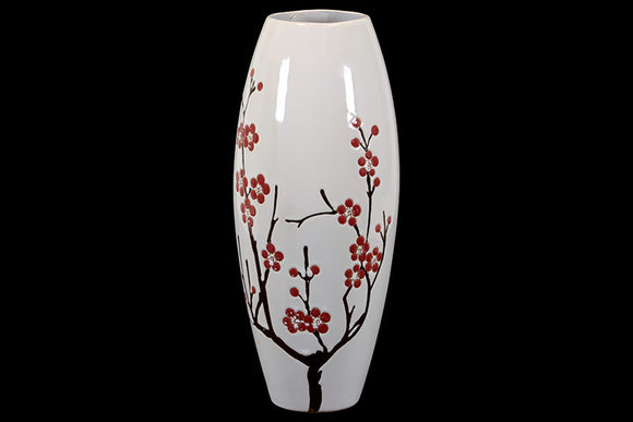 Oval Shaped Ceramic Vase White with Tapering Mouth and Base and Cherry Blossom Accent