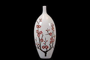 Oval Shaped Ceramic Vase with Slim Mouth and Cherry Blossom Accent