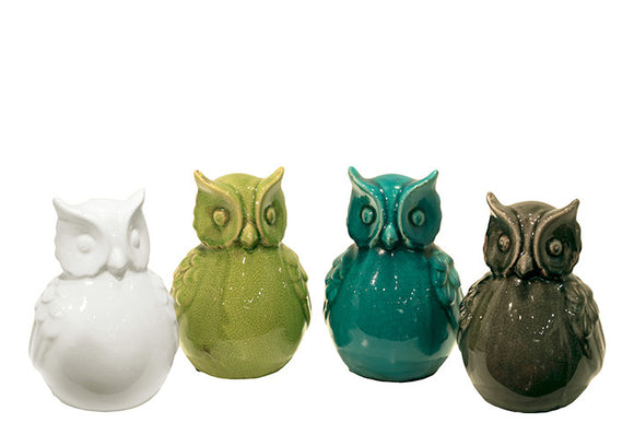 Charming and Cute Ceramic Owl Set of Four Assorted (White, Blue, Green, Grey)