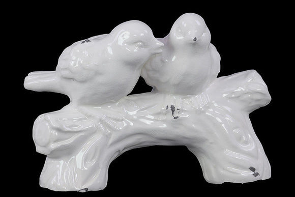 Cute and Adorable Ceramic Love Birds on a Stump in White