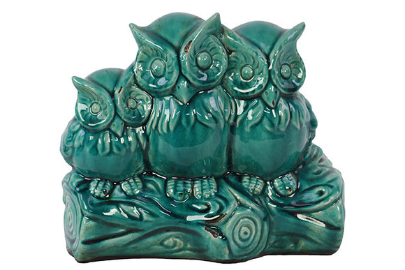 Charming and Captivating Triple Ceramic Owls on a Stump in Turquoise