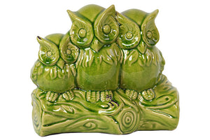 Charming and Captivating Triple Ceramic Owls on a Stump in Green