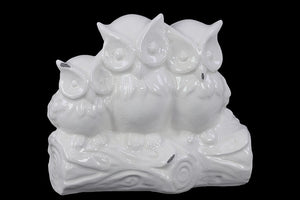 Charming and Captivating Triple Ceramic Owls on a Stump in White