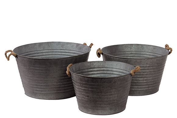 Round Shaped Metal Container Set of Three with Jute Rope Handles on Each Side